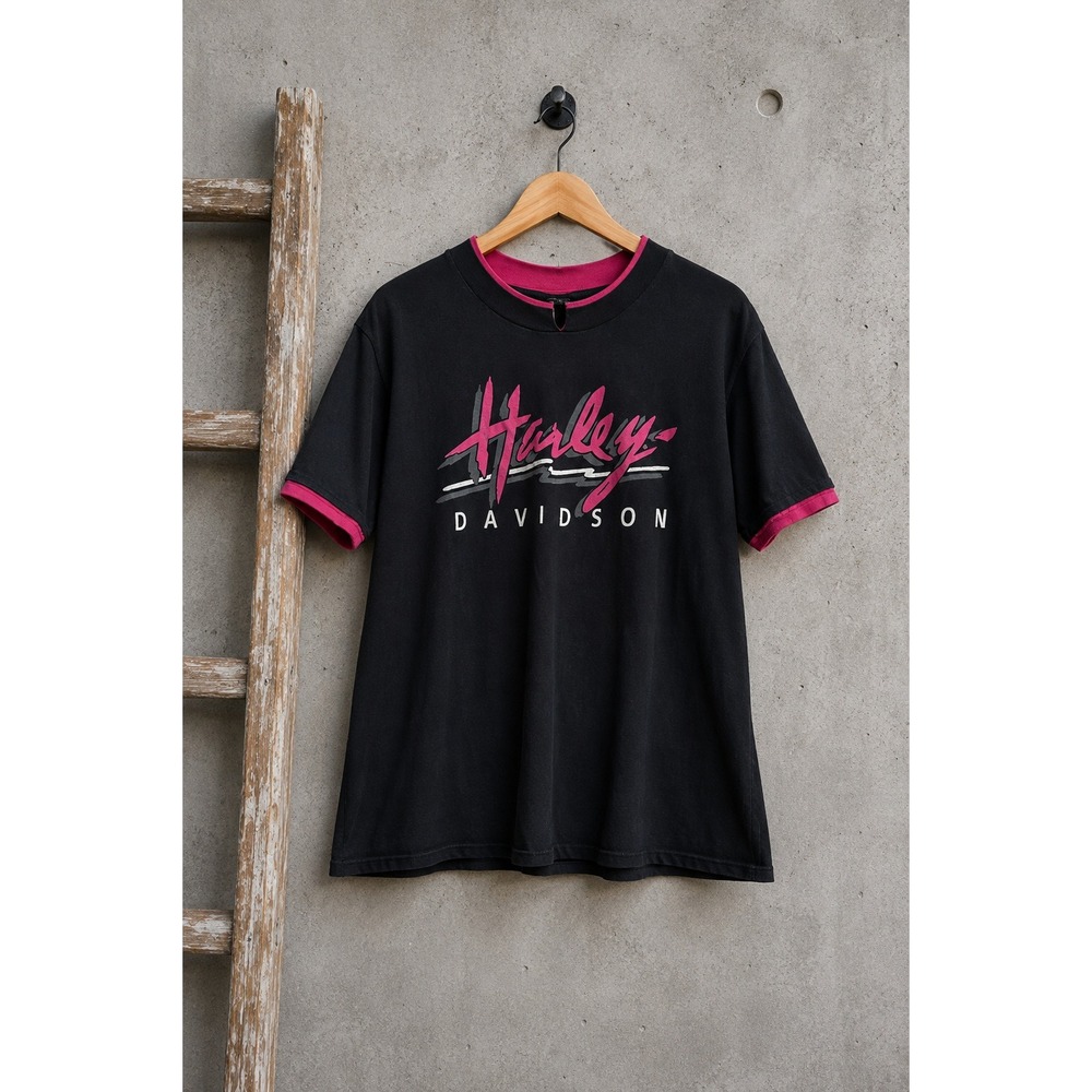 Vintage Harley-Davidson Sturgis Ringer Tee Pink Script Grunge Biker Streetwear L